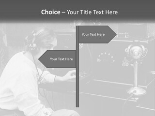 A Woman With Headphones Sitting In Front Of A Radio PowerPoint Template