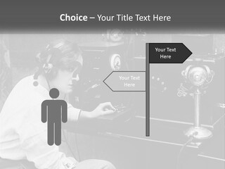 A Woman With Headphones Sitting In Front Of A Radio PowerPoint Template