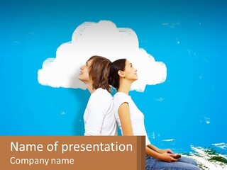 Two Women Sitting On The Ground With A Cloud Above Them PowerPoint Template