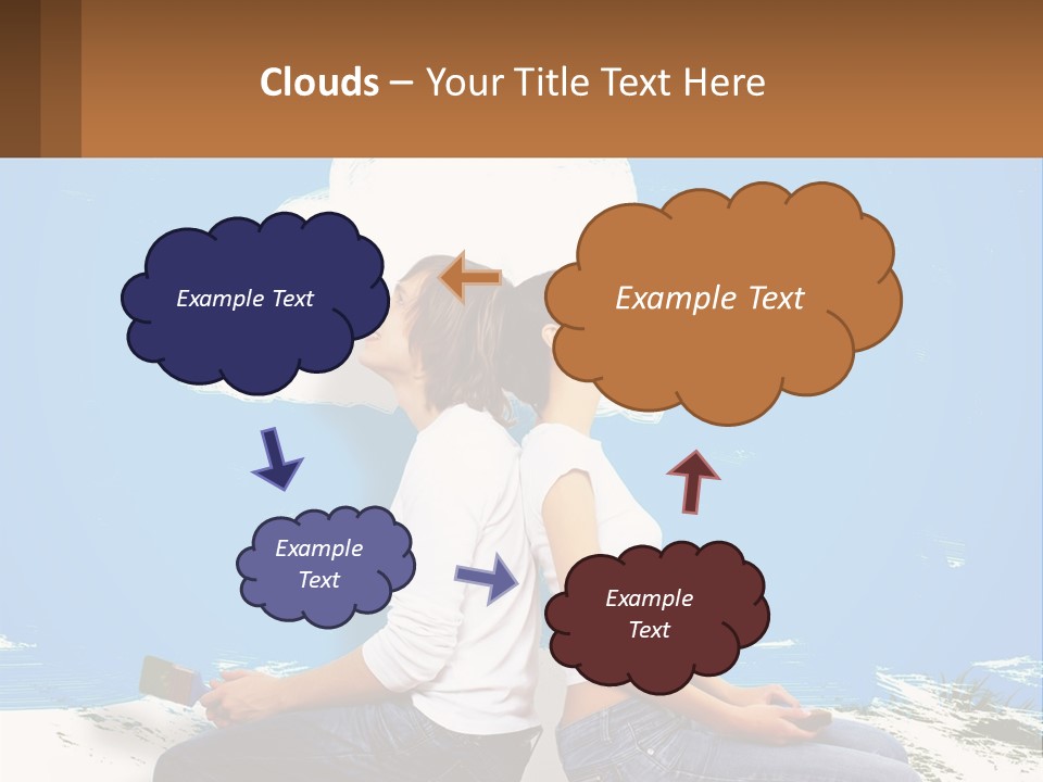 Two Women Sitting On The Ground With A Cloud Above Them PowerPoint Template