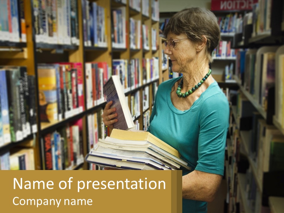 A Woman Reading A Book In A Library PowerPoint Template
