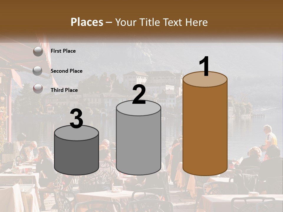 A Group Of People Sitting At A Table In Front Of A Lake PowerPoint Template