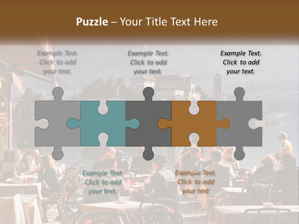 A Group Of People Sitting At A Table In Front Of A Lake PowerPoint Template