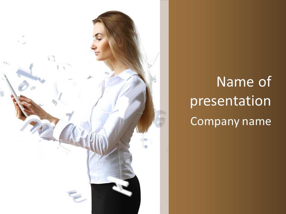A Woman Holding A Tablet Computer In Her Hands PowerPoint Template