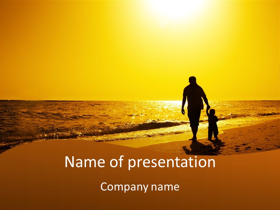 A Man And A Child Are Walking On The Beach At Sunset PowerPoint Template