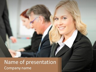 A Woman In A Business Suit Sitting At A Desk PowerPoint Template