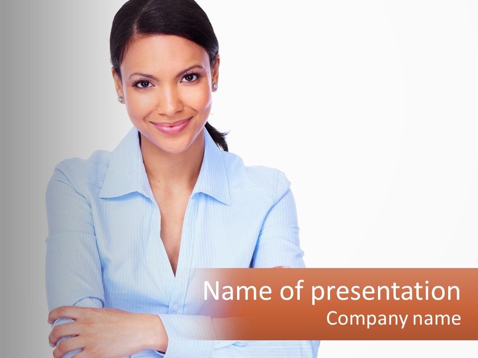 A Woman In A Blue Shirt Is Smiling PowerPoint Template