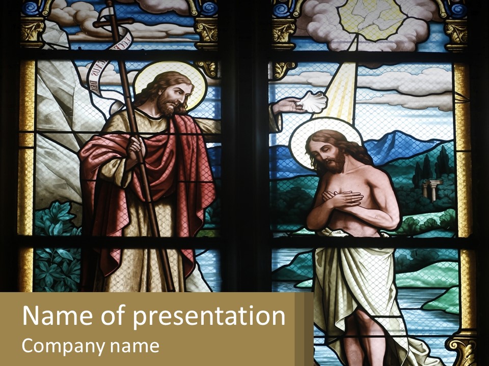 A Stained Glass Window With Jesus Holding The Cross PowerPoint Template