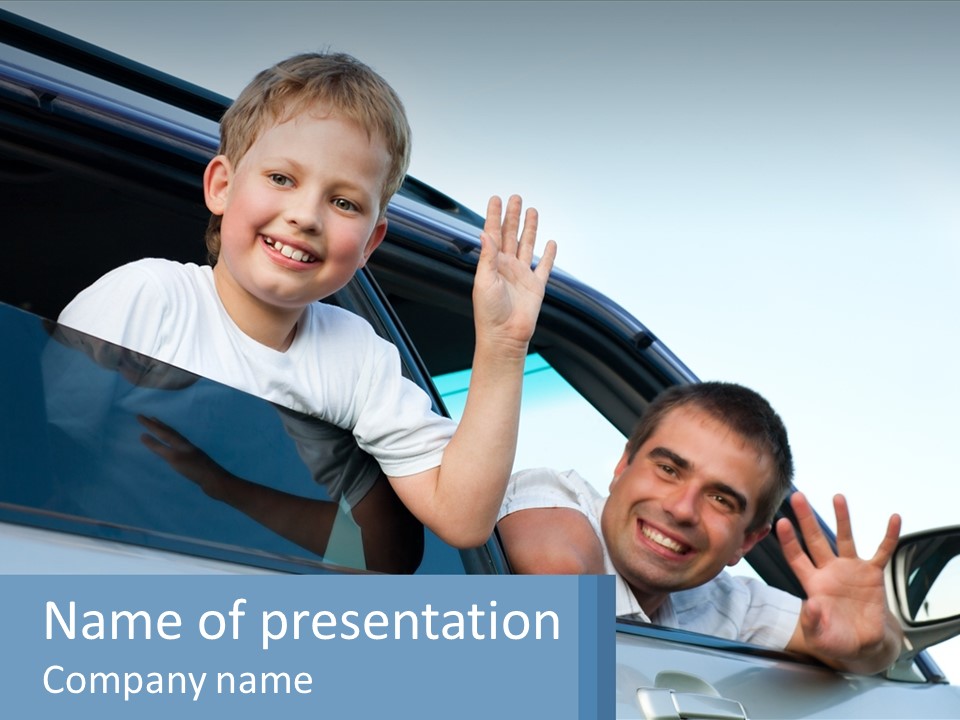 A Man And A Boy Waving Out Of A Car Window PowerPoint Template