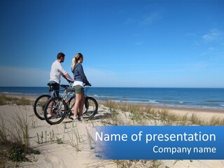 Man And Girl With Bicycles On The Seashore PowerPoint Template
