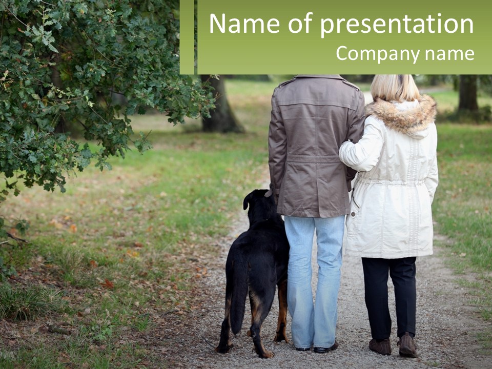 Couple On A Walk With The Dog PowerPoint Template
