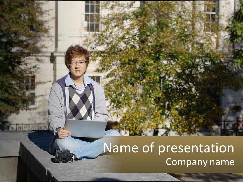 Student With Laptop On Break PowerPoint Template