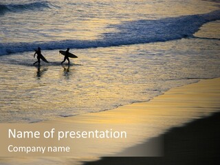 Surfers Walk From The Beach In The Evening PowerPoint Template