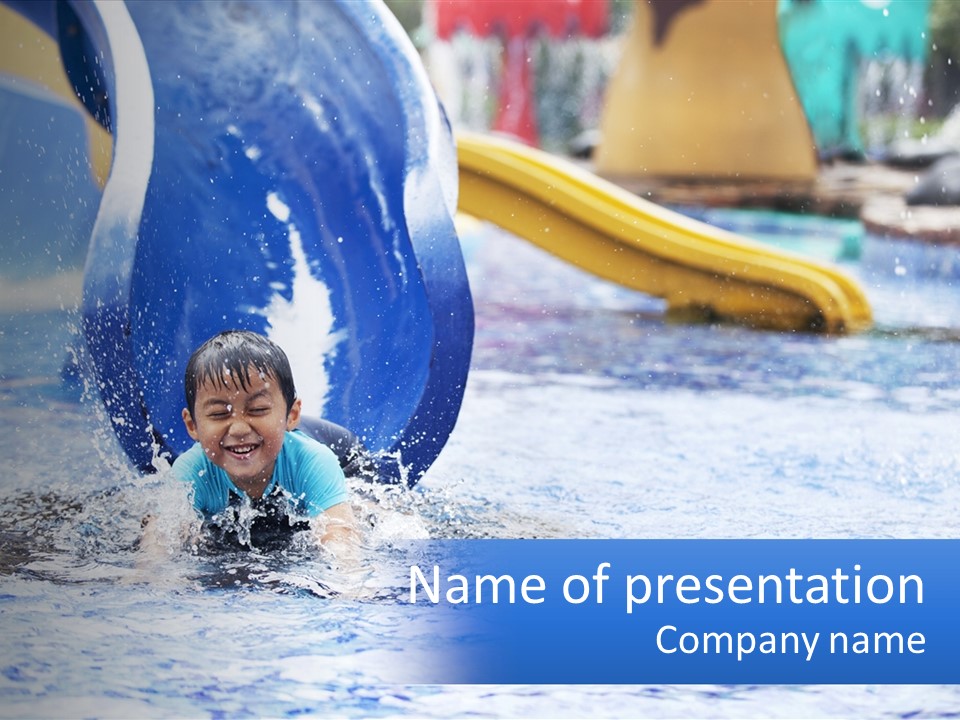 The Child Goes Down The Slide Into The Pool PowerPoint Template