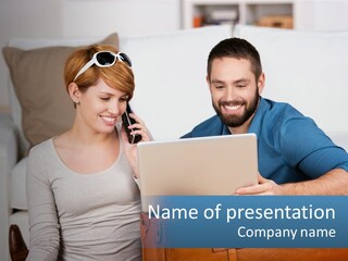 Woman And Man With Laptop PowerPoint Template