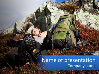 Tourist In The Mountains Resting PowerPoint Template