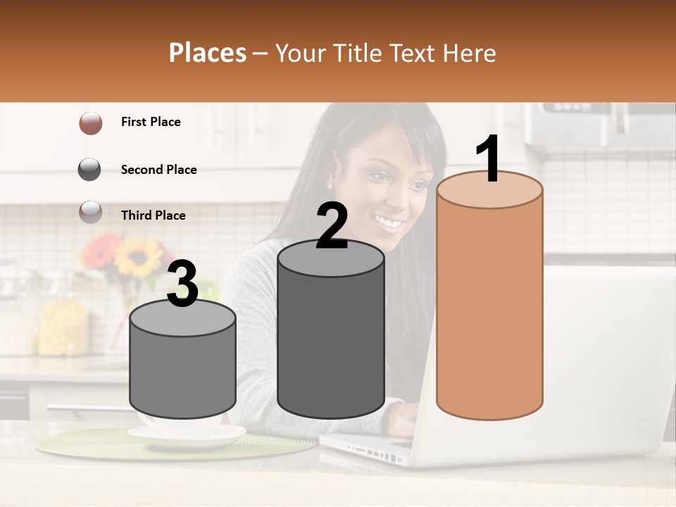 Girl At The Laptop In The Kitchen PowerPoint Template