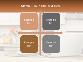 Girl At The Laptop In The Kitchen PowerPoint Template