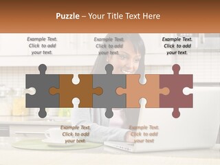 Girl At The Laptop In The Kitchen PowerPoint Template