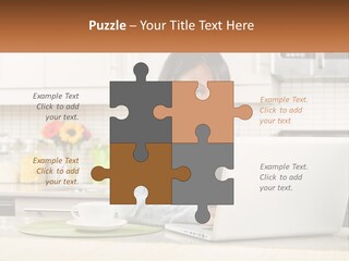 Girl At The Laptop In The Kitchen PowerPoint Template