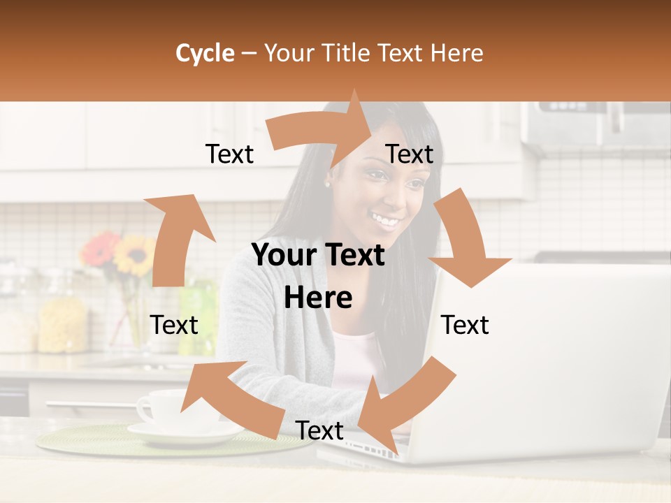 Girl At The Laptop In The Kitchen PowerPoint Template