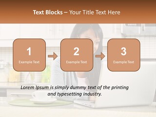 Girl At The Laptop In The Kitchen PowerPoint Template