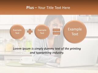 Girl At The Laptop In The Kitchen PowerPoint Template