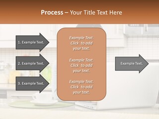 Girl At The Laptop In The Kitchen PowerPoint Template