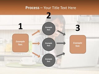 Girl At The Laptop In The Kitchen PowerPoint Template