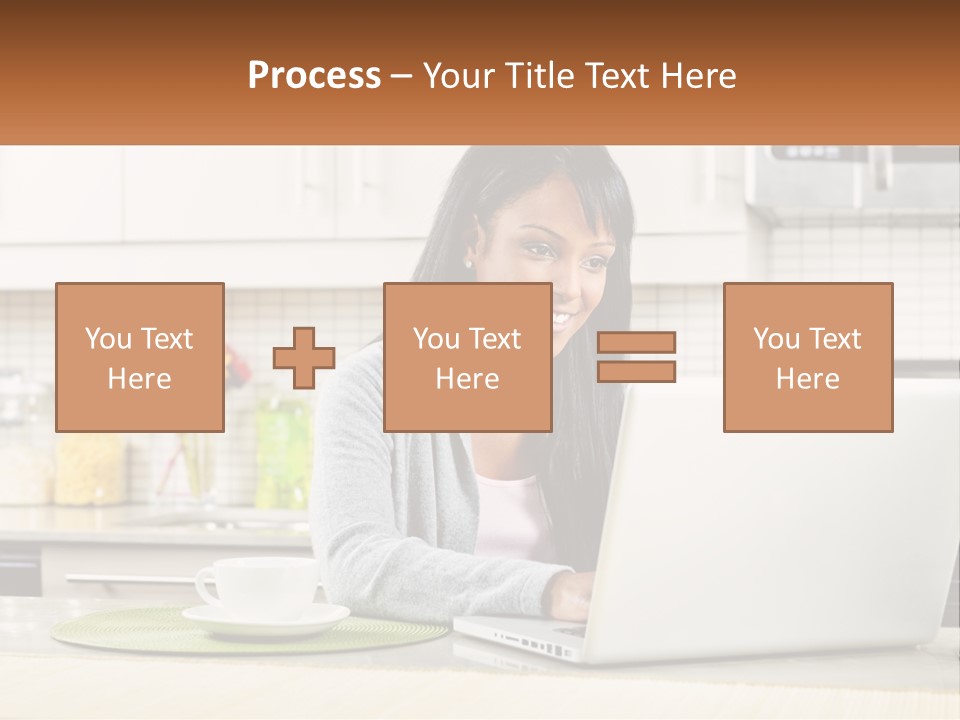 Girl At The Laptop In The Kitchen PowerPoint Template