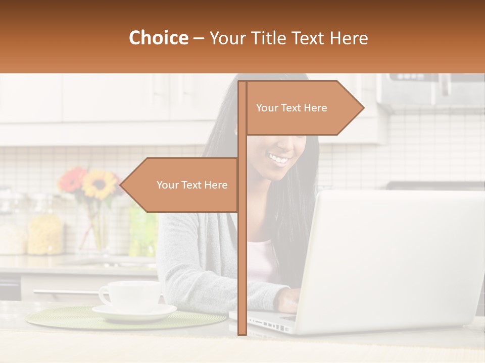 Girl At The Laptop In The Kitchen PowerPoint Template