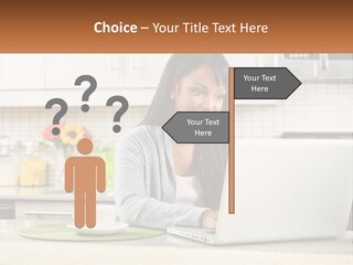 Girl At The Laptop In The Kitchen PowerPoint Template
