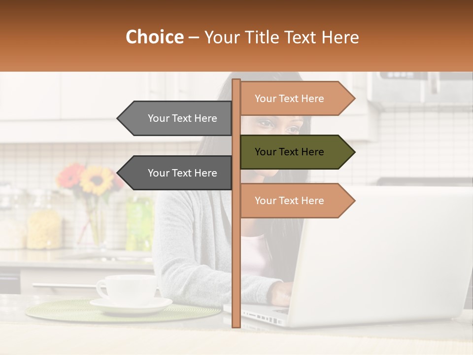 Girl At The Laptop In The Kitchen PowerPoint Template