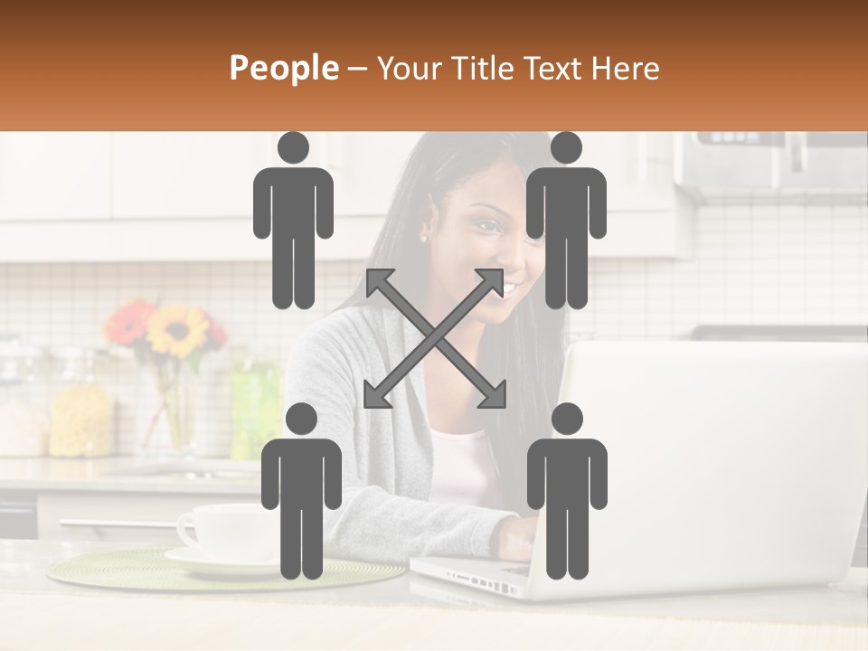 Girl At The Laptop In The Kitchen PowerPoint Template
