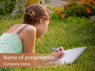 The Girl Is Lying On The Grass And Writing Something PowerPoint Template
