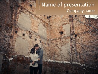 Guy And Girl Near The Ruined Castle PowerPoint Template