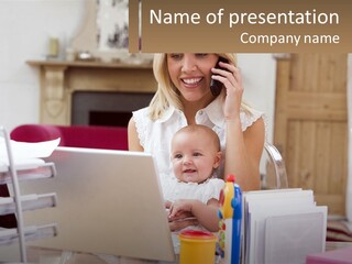 Mom With Baby At The Laptop PowerPoint Template