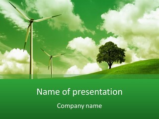 A Green Field With Windmills And A Tree PowerPoint Template