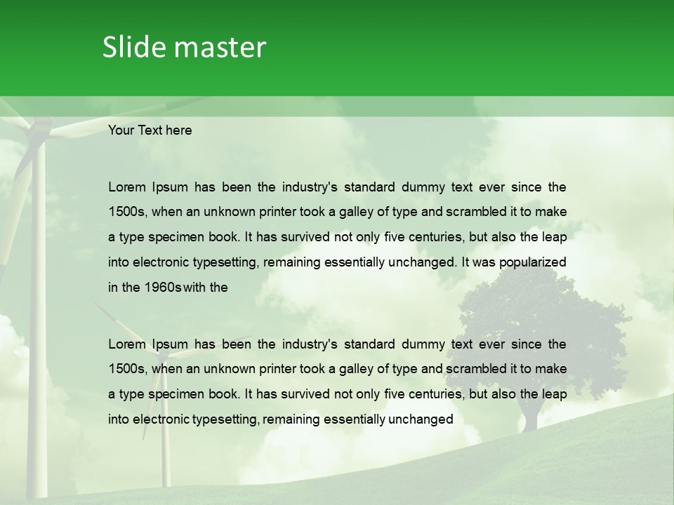 A Green Field With Windmills And A Tree PowerPoint Template