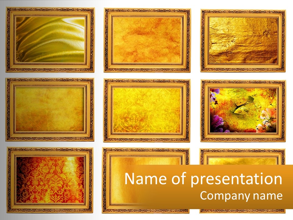 A Set Of Nine Golden Frames On A White Wall PowerPoint Template