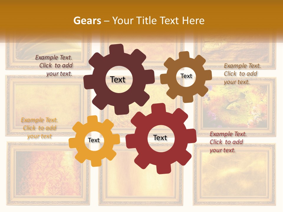 A Set Of Nine Golden Frames On A White Wall PowerPoint Template
