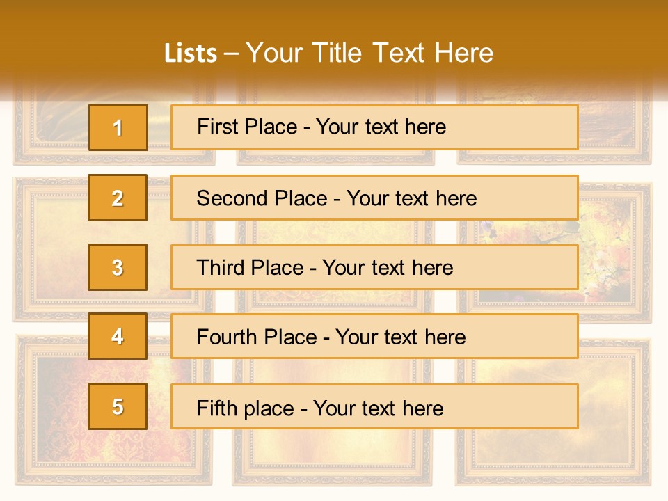 A Set Of Nine Golden Frames On A White Wall PowerPoint Template