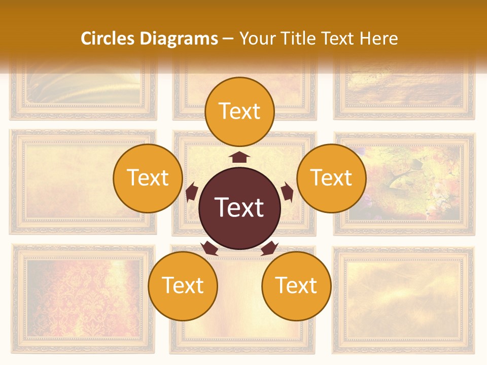 A Set Of Nine Golden Frames On A White Wall PowerPoint Template