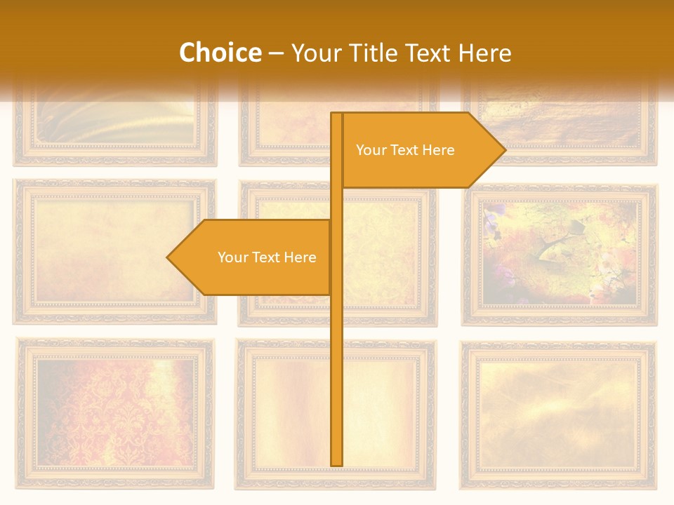 A Set Of Nine Golden Frames On A White Wall PowerPoint Template