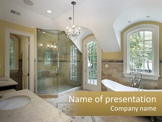 A Bath Room With A Tub A Sink And A Window PowerPoint Template