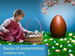 A Little Girl Sitting In The Grass With A Basket Of Eggs PowerPoint Template