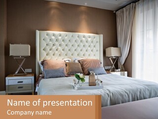 A Bedroom With A Large Bed And A White Headboard PowerPoint Template