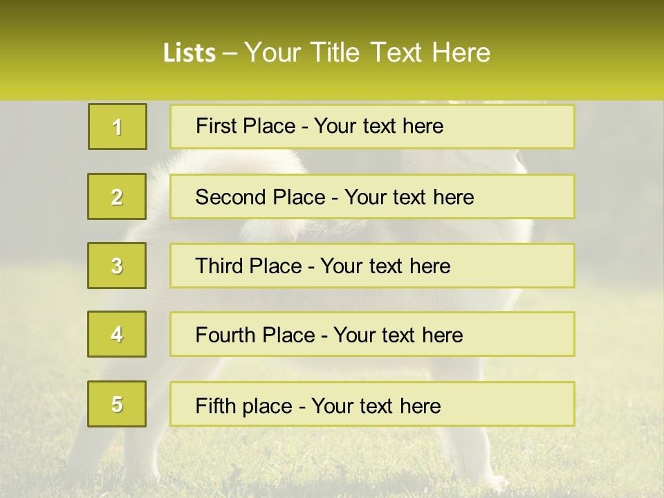 A Dog Standing In The Grass With A Sign In Front Of It PowerPoint Template
