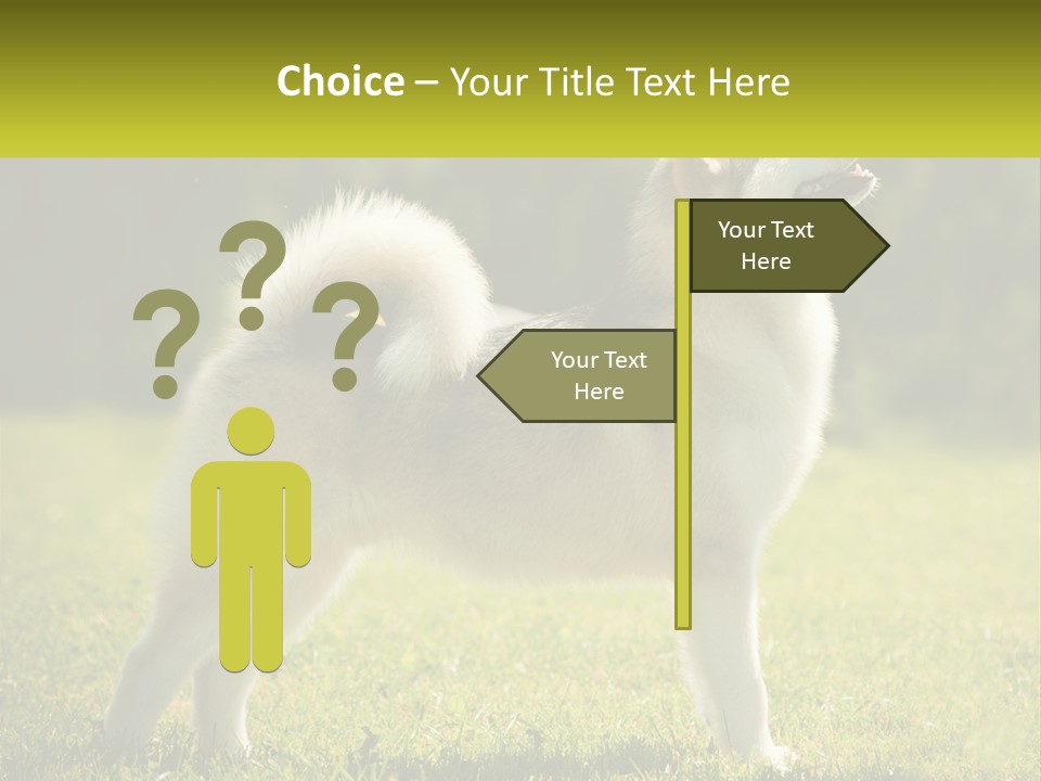 A Dog Standing In The Grass With A Sign In Front Of It PowerPoint Template