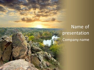 A Picture Of A Sunset Over Some Rocks PowerPoint Template